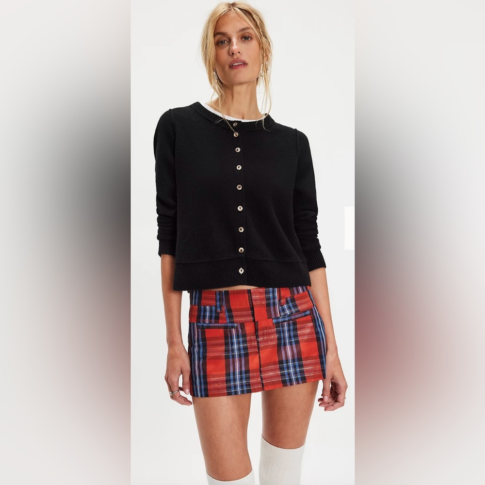 Black Cardigan and Red Plaid Skirt